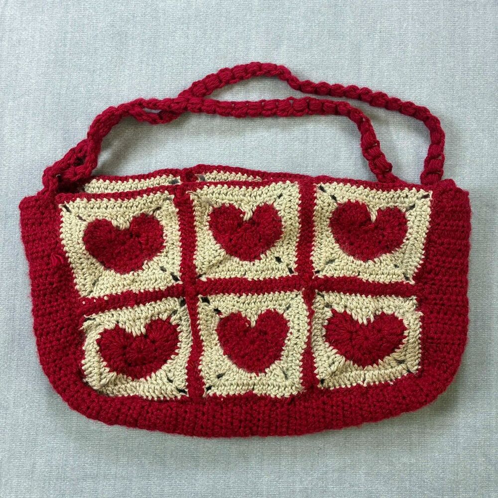Handmade Crochet Heart Mini Tote Bag Red White Valentine Gift Purse